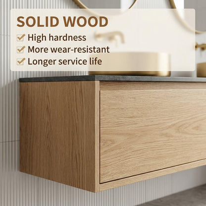 60”-96"Natural Wood Bathroom Vanity with Double Sinks & Gold Accents