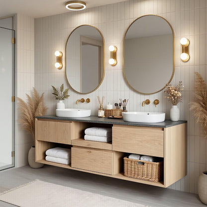 60”-96"Natural Wood Bathroom Vanity with Double Sinks & Gold Accents