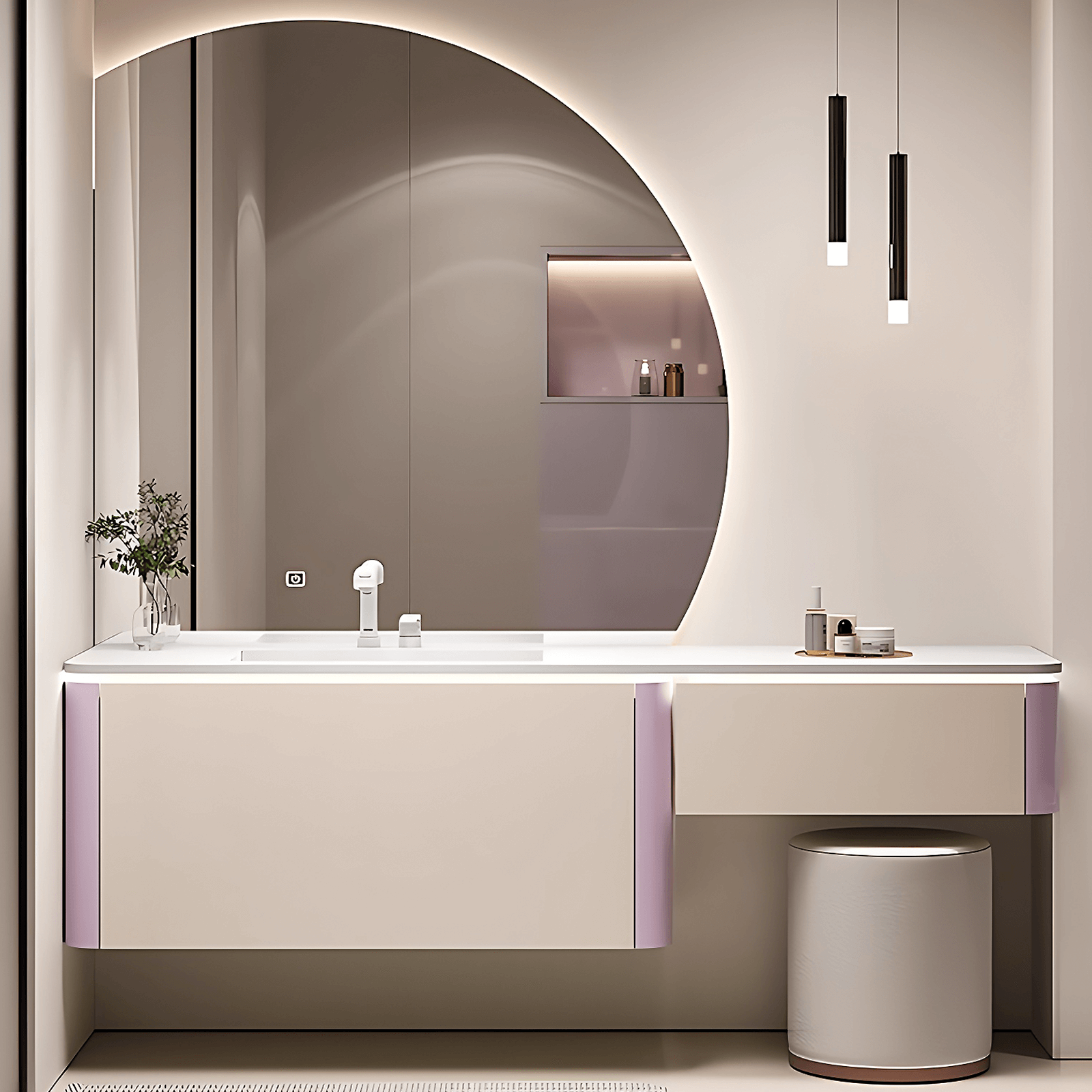 40"- 64" Modern Bathroom With White Floating  Single Sink Round Mirror