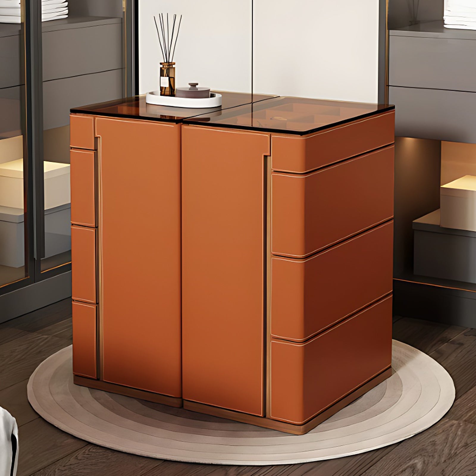 Orange Walk-in Closet Island with Glass Top