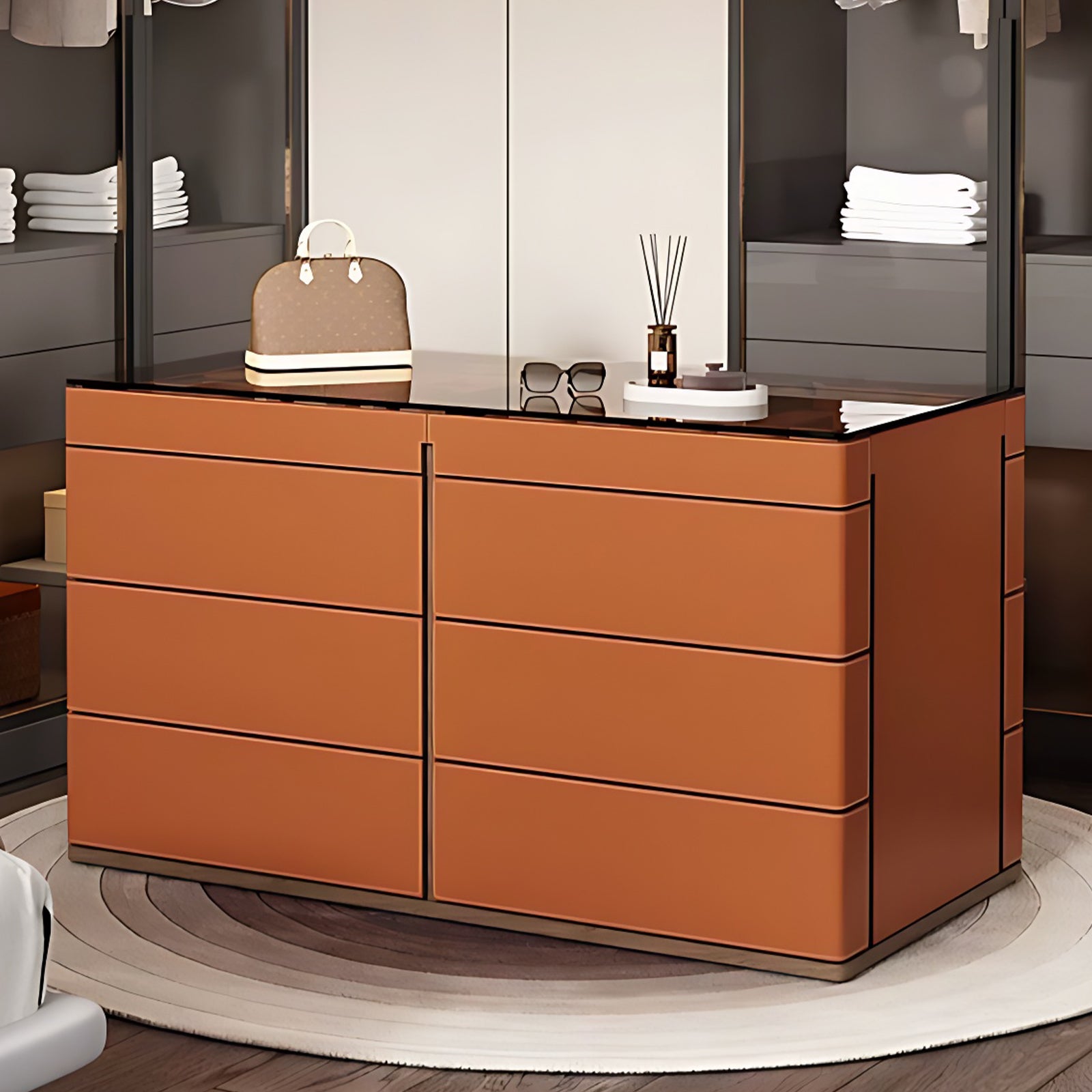 Orange Walk-in Closet Island with Glass Top – High QLO