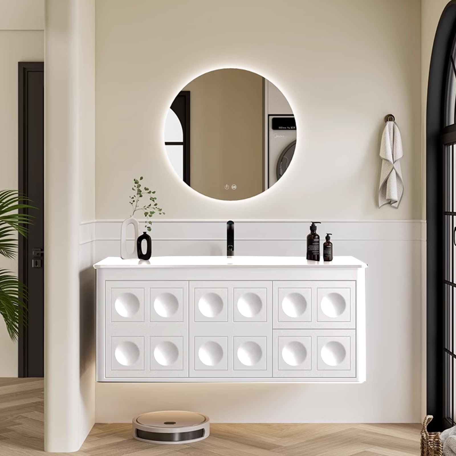 36"- 56" Large Storage Floating Bathroom Vanity Set with Defogging Backlit Mirror & Single Basin