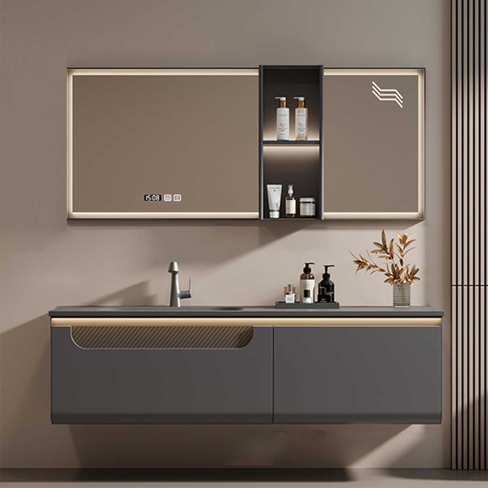 36"- 56" Grey Single Basin Bathroom Vanity Set with Defogging Mirror & Open Storage Lighting Cabinet