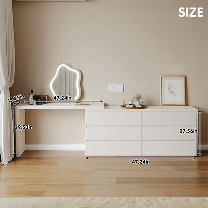Ivory Solid Wood Makeup Vanity with Cloud-Shaped Mirror & Stool