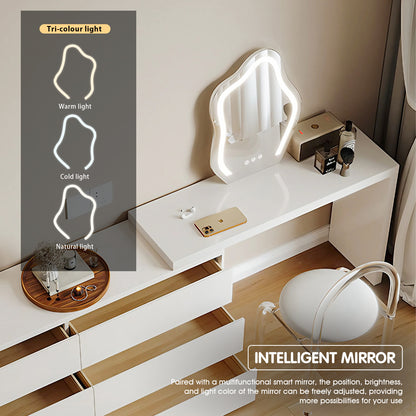 Ivory Solid Wood Makeup Vanity with Cloud-Shaped Mirror & Stool