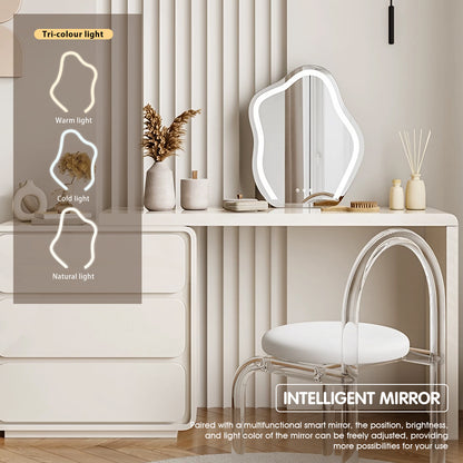 Ample Storage Makeup Vanity Set with 3-Color Irregular Mirror and Stool