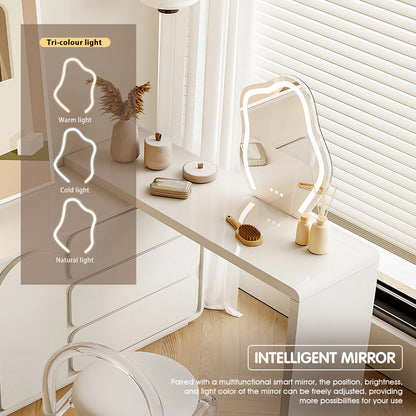 White Extendable and Rotating Makeup Vanity Set with LED Mirror & Stool