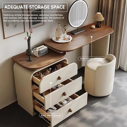 3 Drawers Vintage-Style Foldable Walnut Dressing Table Set with Smart Mirror & Stool