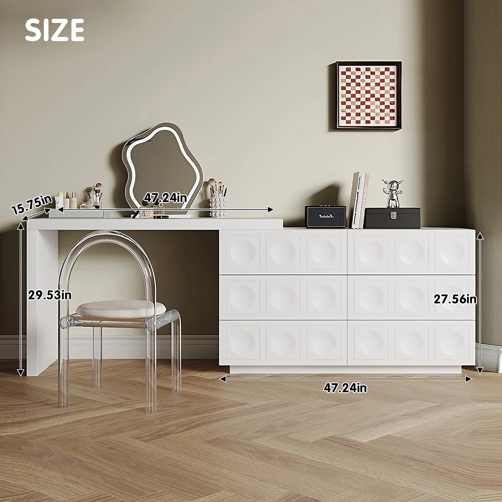 Contemporary White Makeup Vanity Set with Stylish Mirror & Foldable Storage Cabinet