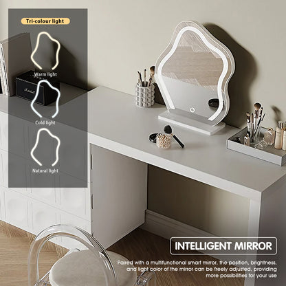 Contemporary White Makeup Vanity Set with Stylish Mirror & Foldable Storage Cabinet
