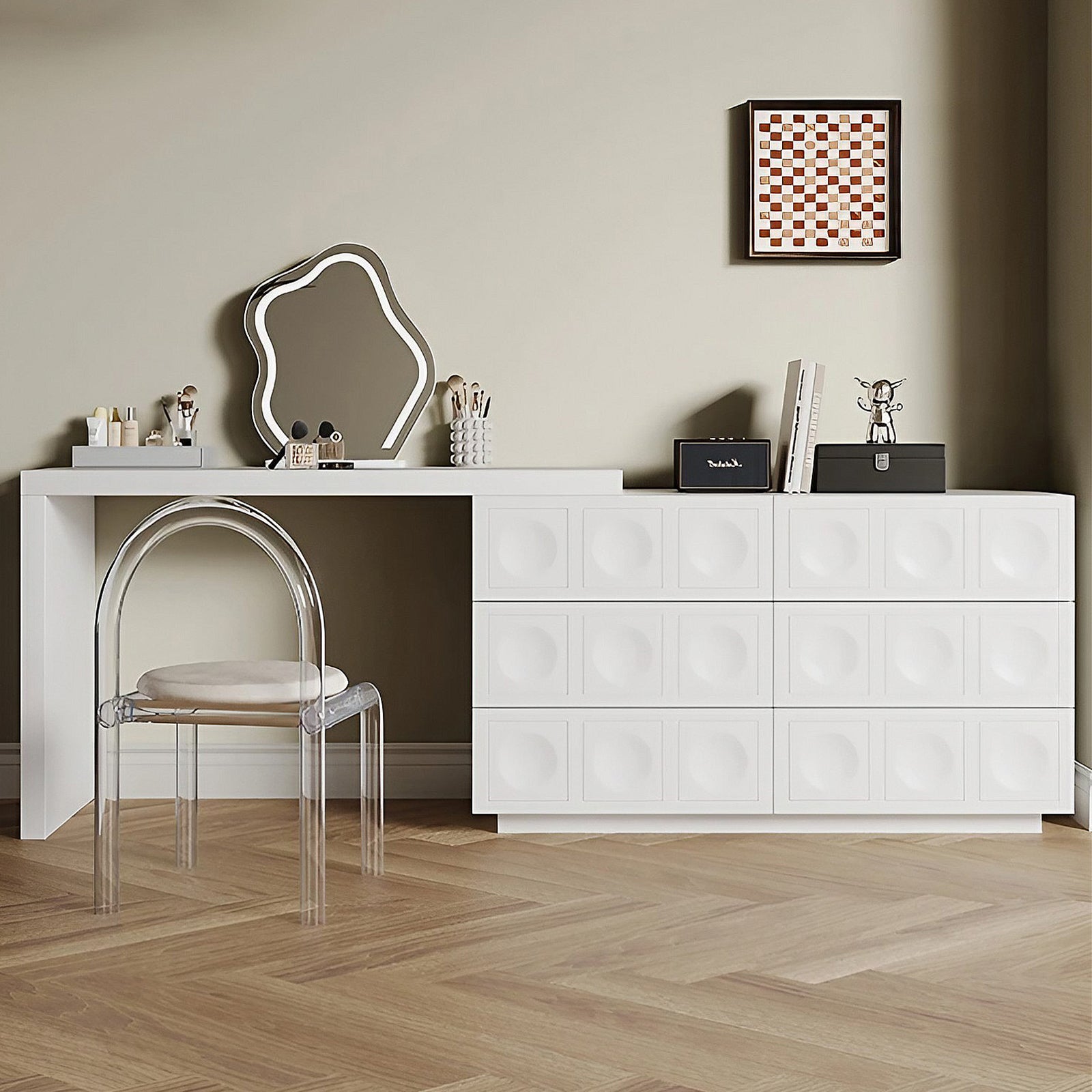 Contemporary White Makeup Vanity Set with Stylish Mirror & Foldable Storage Cabinet