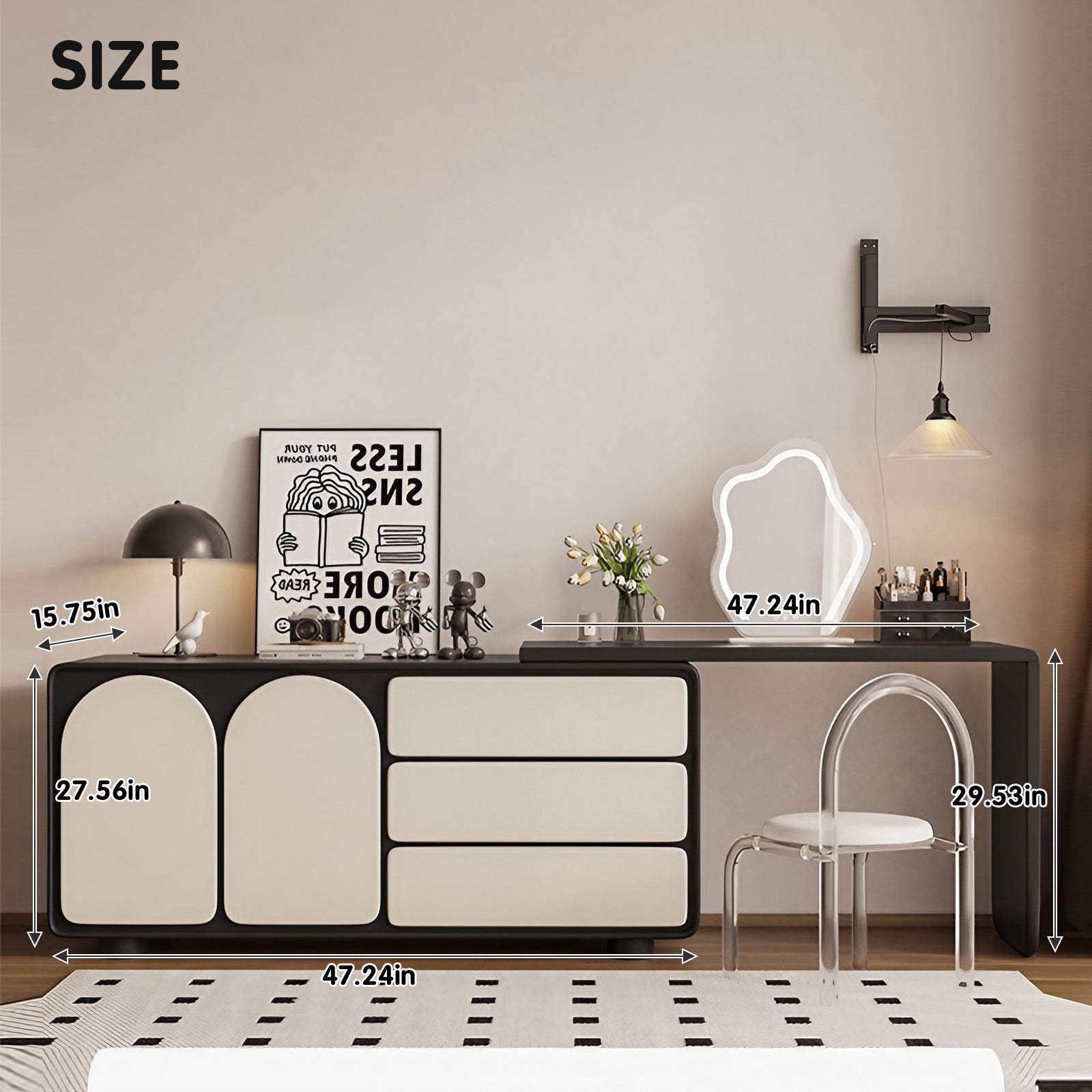 Stylish Black & White Makeup Vanity Set with Foldable Design and Ample Storage