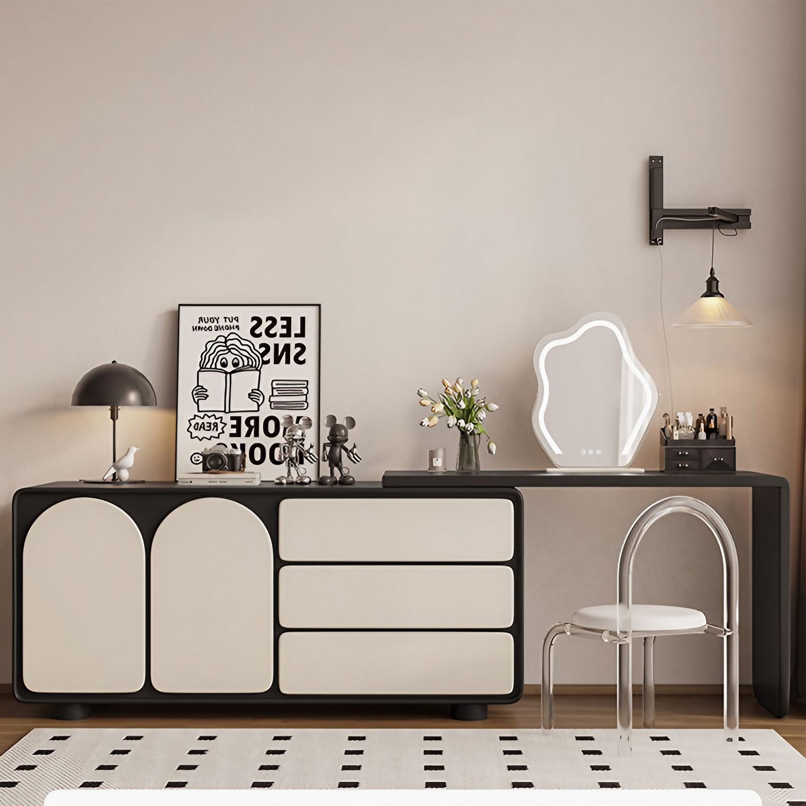 Stylish Black & White Makeup Vanity Set with Foldable Design and Ample Storage