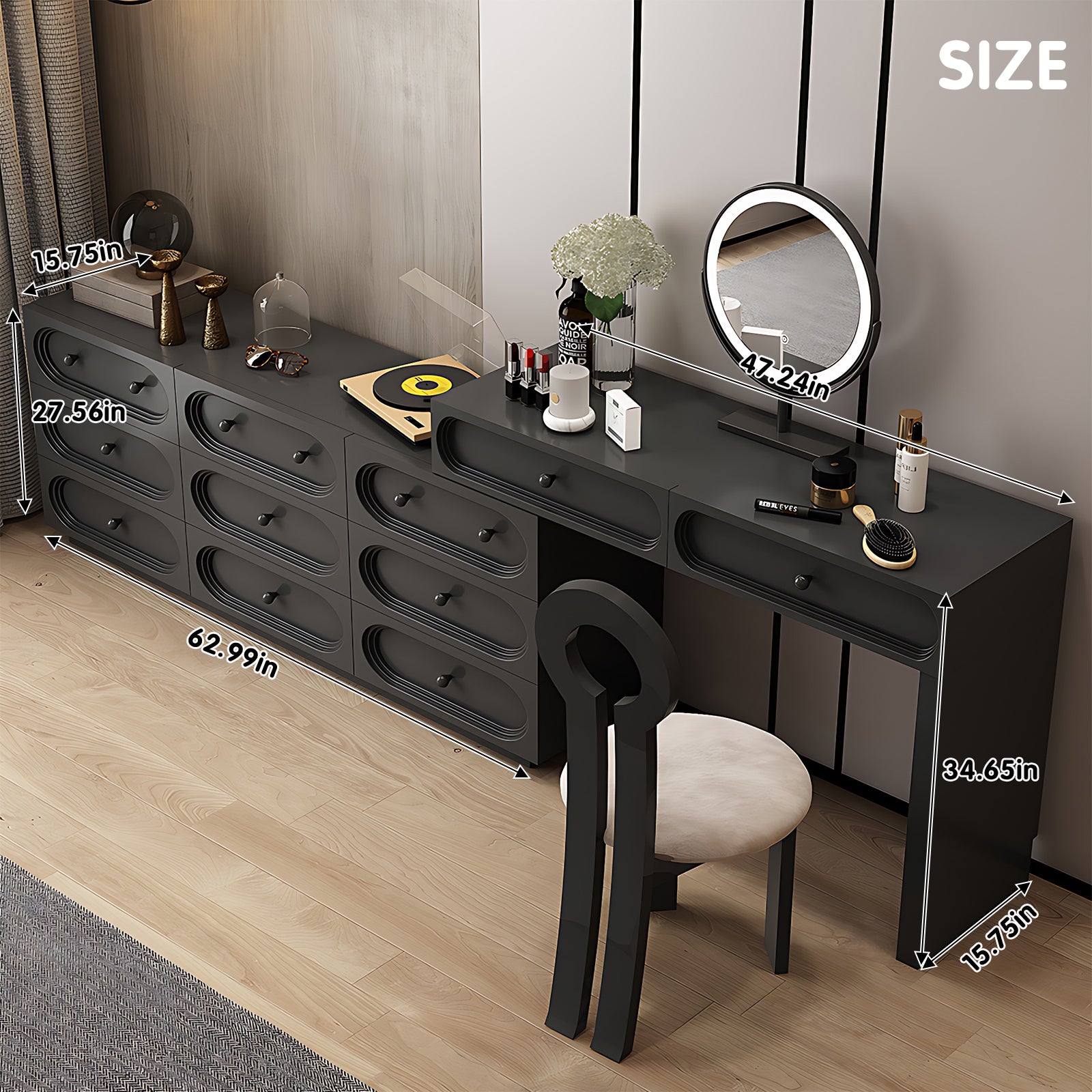 Premium Black Solid Wood Makeup Vanity with LED Mirror & Stylish Chair High QLO Premium Black Solid Wood Makeup Vanity with LED Mirror & Stylish Chair High QLO