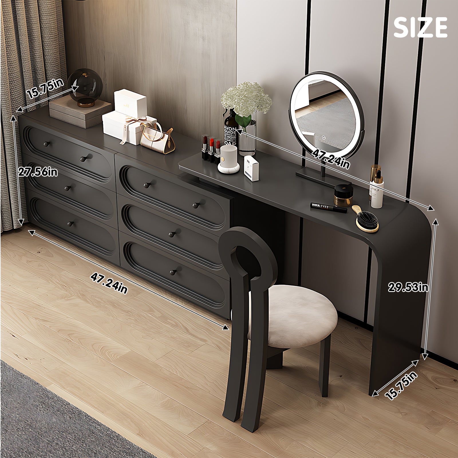 Premium Black Solid Wood Makeup Vanity with LED Mirror & Stylish Chair 47IN / 6 Drawers
