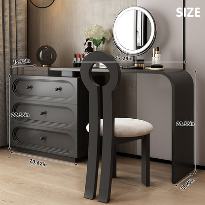 Premium Black Solid Wood Makeup Vanity Set with LED Mirror & Stylish Chair