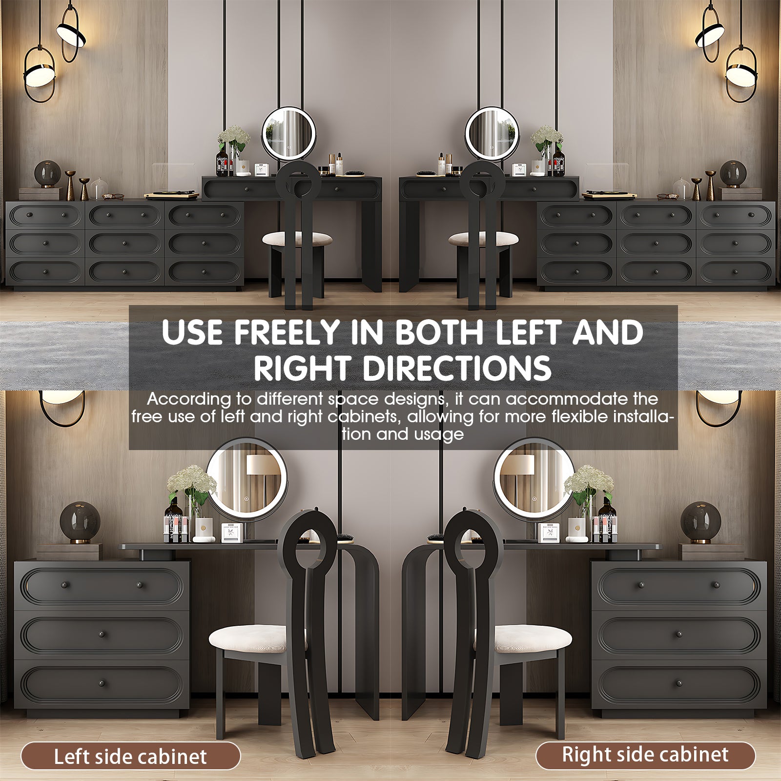 Premium Black Solid Wood Makeup Vanity with LED Mirror & Stylish Chair 47IN / 6 Drawers Premium Black Solid Wood Makeup Vanity with LED Mirror & Stylish Chair 47IN / 6 Drawers