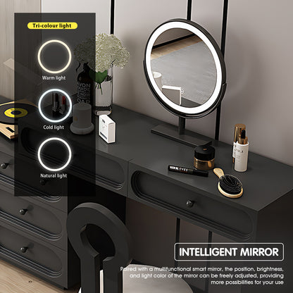 Premium Black Solid Wood Makeup Vanity Set with LED Mirror & Stylish Chair