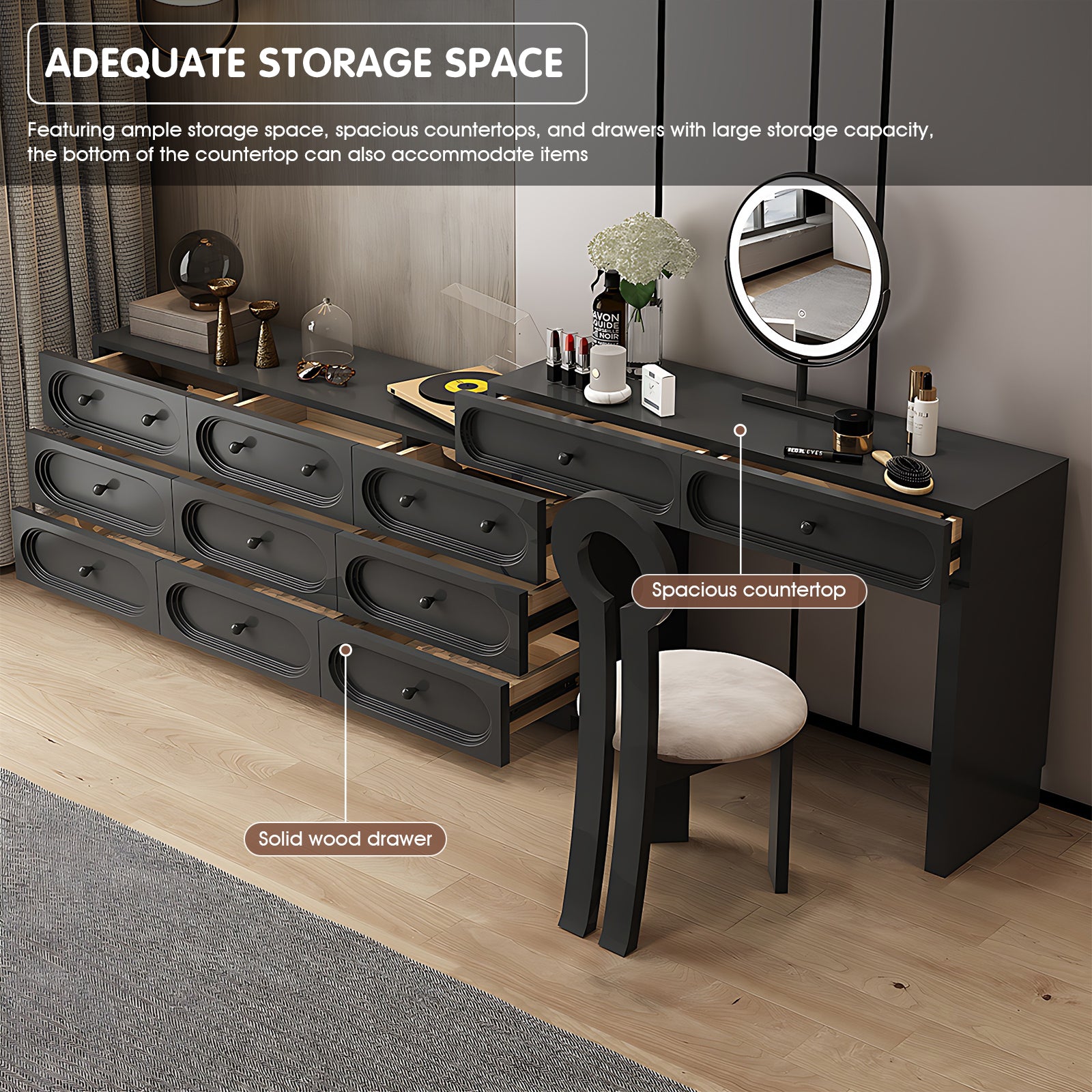 Premium Black Solid Wood Makeup Vanity with LED Mirror & Stylish Chair 47IN / 6 Drawers Premium Black Solid Wood Makeup Vanity with LED Mirror & Stylish Chair 47IN / 6 Drawers