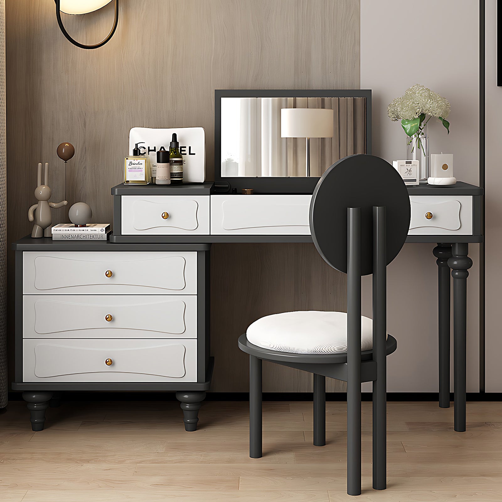 Elegantly Crafted Makeup Vanity Featuring Abundant Storage and a Stylish Aesthetic