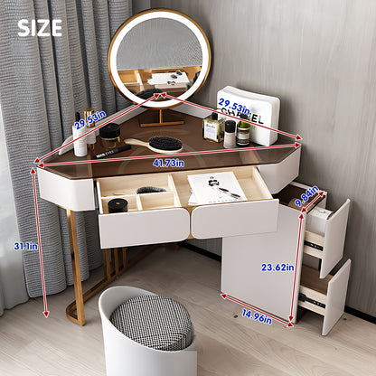 White Makeup Vanity Set for Corners with Portable LED Mirror and Stool