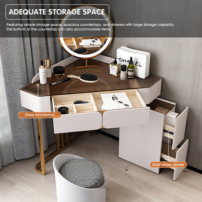 White Makeup Vanity Set for Corners with Portable LED Mirror and Stool
