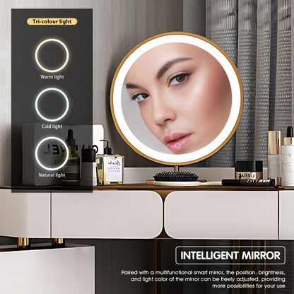 White Makeup Vanity Set for Corners with Portable LED Mirror and Stool