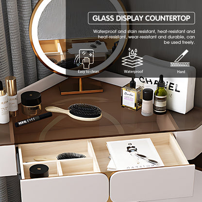 White Makeup Vanity Set for Corners with Portable LED Mirror and Stool