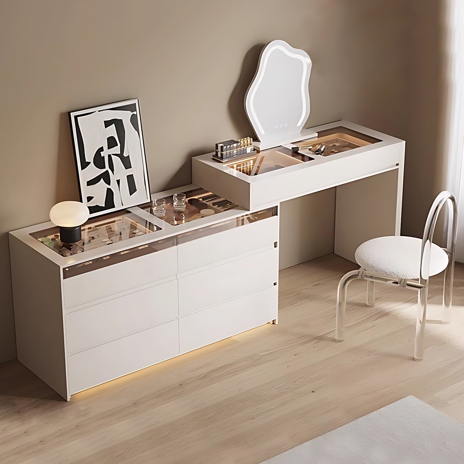 Modern Makeup Vanity & Closet Island with LED Lighting and Storage