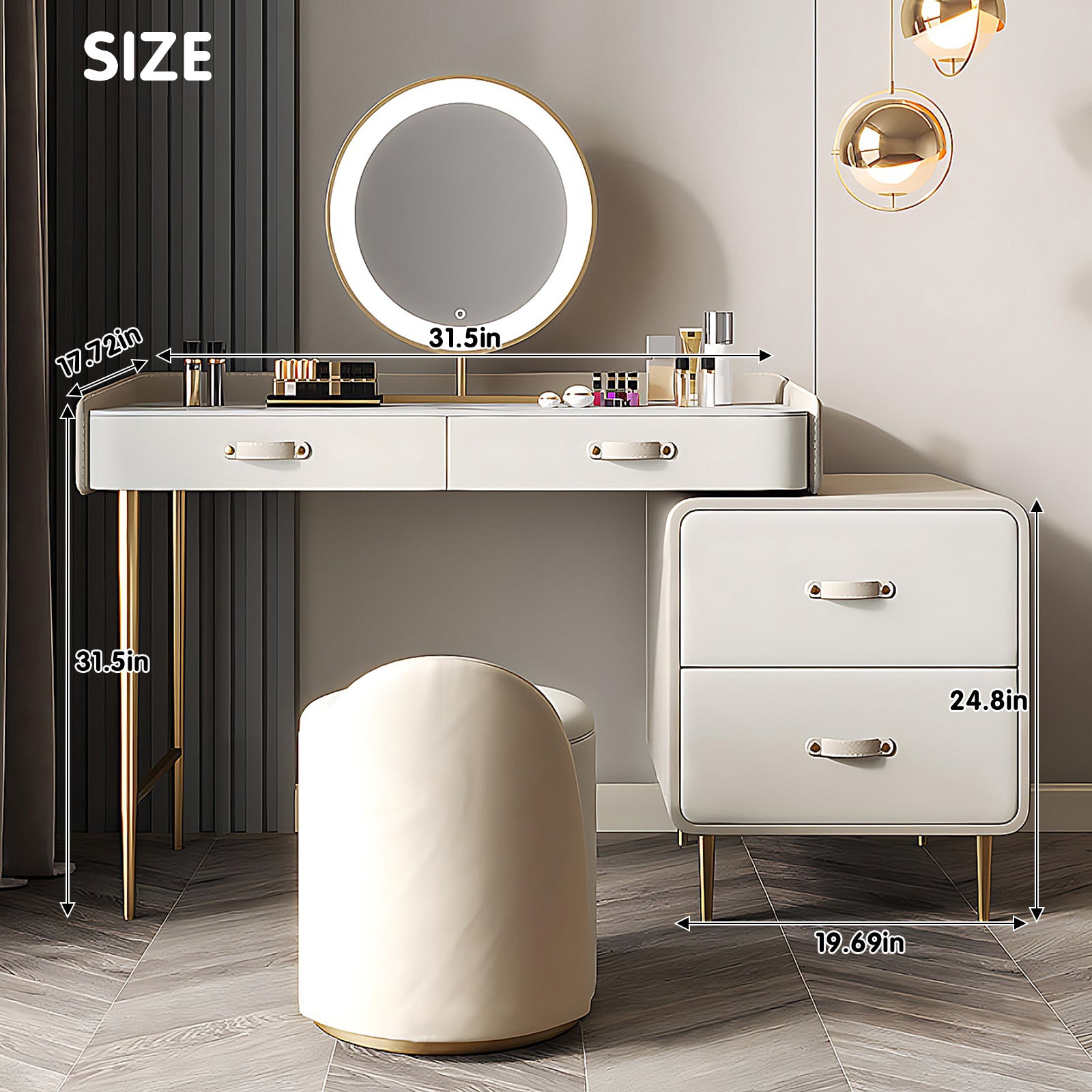 Elegant White Makeup Vanity Set with Solid Wood Cabinet, LED Mirror & Matching Stool
