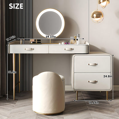 Elegant White Makeup Vanity Set with Solid Wood Cabinet, LED Mirror & Matching Stool