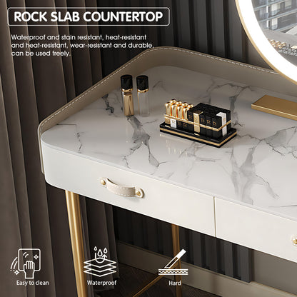 Elegant White Makeup Vanity Set with Solid Wood Cabinet, LED Mirror & Matching Stool