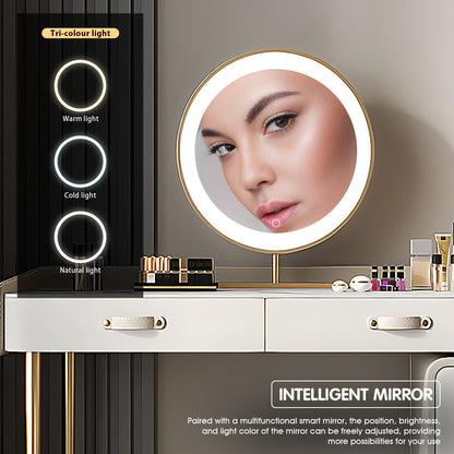 Elegant White Makeup Vanity Set with Solid Wood Cabinet, LED Mirror & Matching Stool