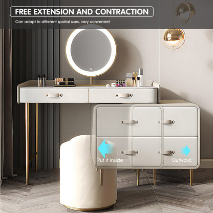 Elegant White Makeup Vanity Set with Solid Wood Cabinet, LED Mirror & Matching Stool