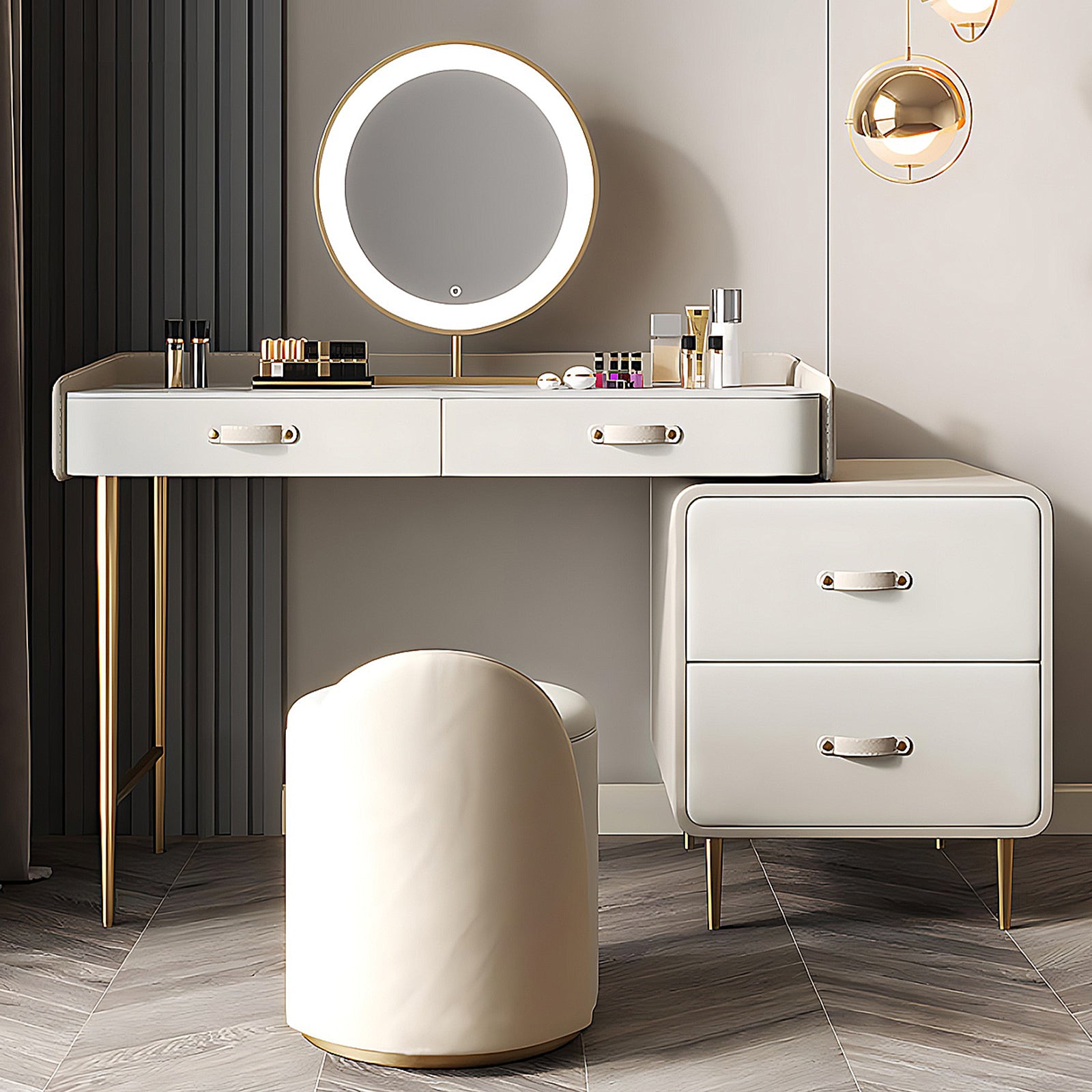 Elegant White Makeup Vanity Set with Solid Wood Cabinet, LED Mirror & Matching Stool