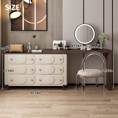 Creamy Solid Wood Makeup Vanity Set with Unique Circular-Patterned Design