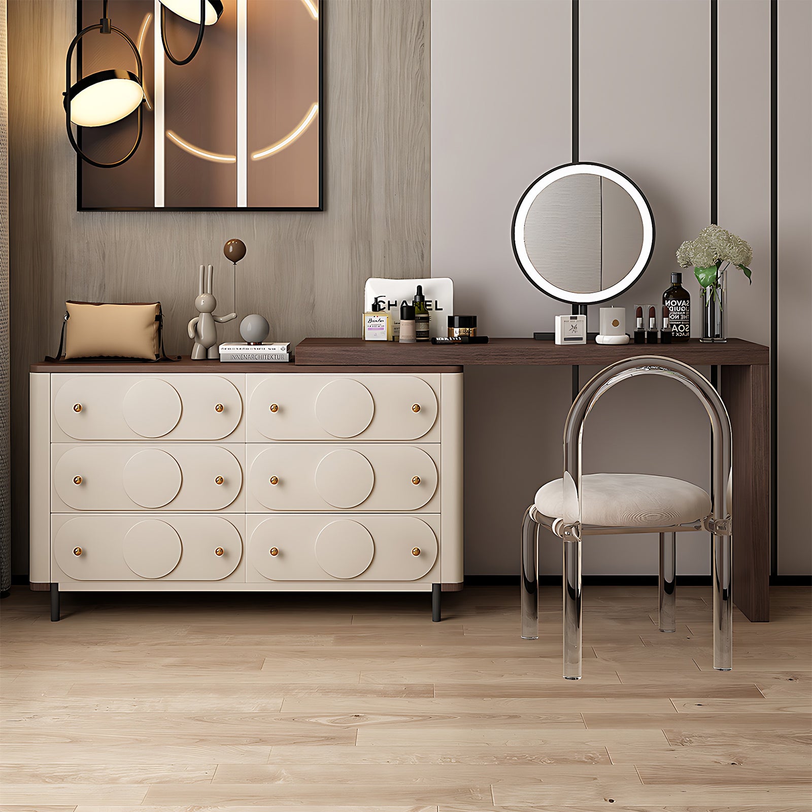 Creamy Solid Wood Makeup Vanity Set with Unique Circular-Patterned Design