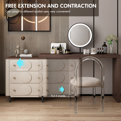 Creamy Solid Wood Makeup Vanity Set with Unique Circular-Patterned Design