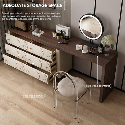 Creamy Solid Wood Makeup Vanity Set with Unique Circular-Patterned Design