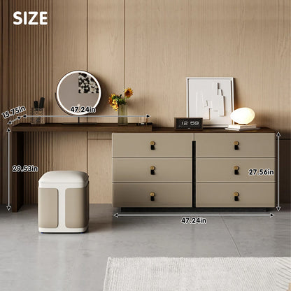 Adjustable Solid Wood 6-Drawer Makeup Vanity with Beige Leather Finish
