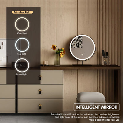 Adjustable Solid Wood 6-Drawer Makeup Vanity with Beige Leather Finish