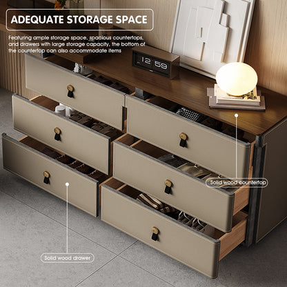 Adjustable Solid Wood 6-Drawer Makeup Vanity with Beige Leather Finish