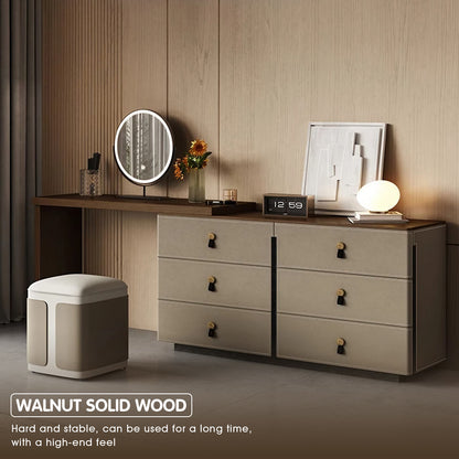 Adjustable Solid Wood 6-Drawer Makeup Vanity with Beige Leather Finish