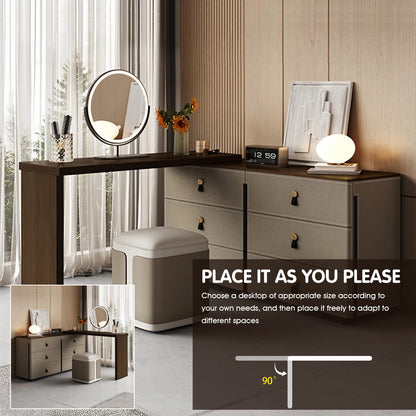 Adjustable Solid Wood 6-Drawer Makeup Vanity with Beige Leather Finish