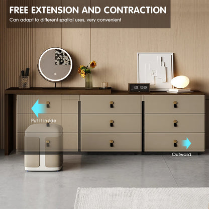 Adjustable Solid Wood 6-Drawer Makeup Vanity with Beige Leather Finish