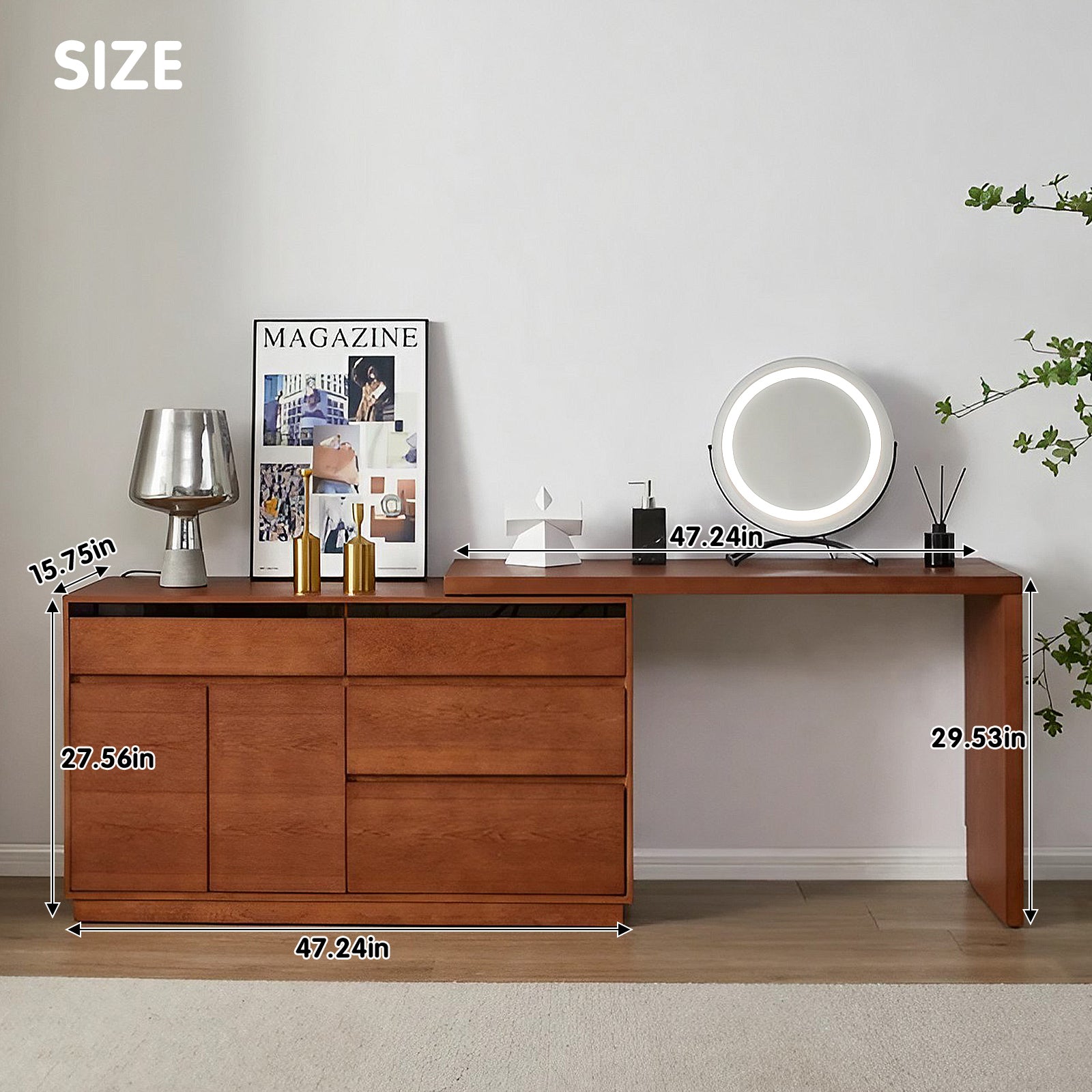 Vintage Style Walnut Makeup Vanity with Extendable Design and Ample Storage