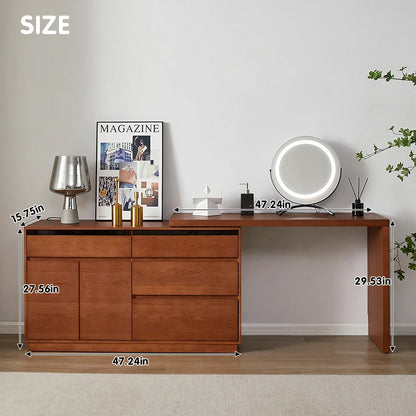 Vintage Style Walnut Makeup Vanity with Extendable Design and Ample Storage