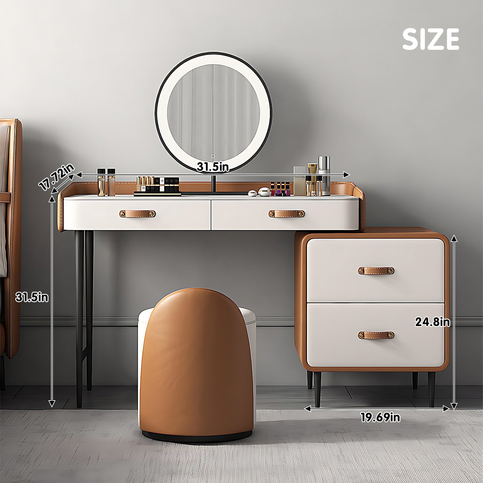 Luxury Leather & Solid Wood Makeup Vanity with LED Mirror