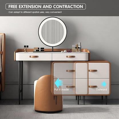 Luxury Leather & Solid Wood Makeup Vanity with LED Mirror