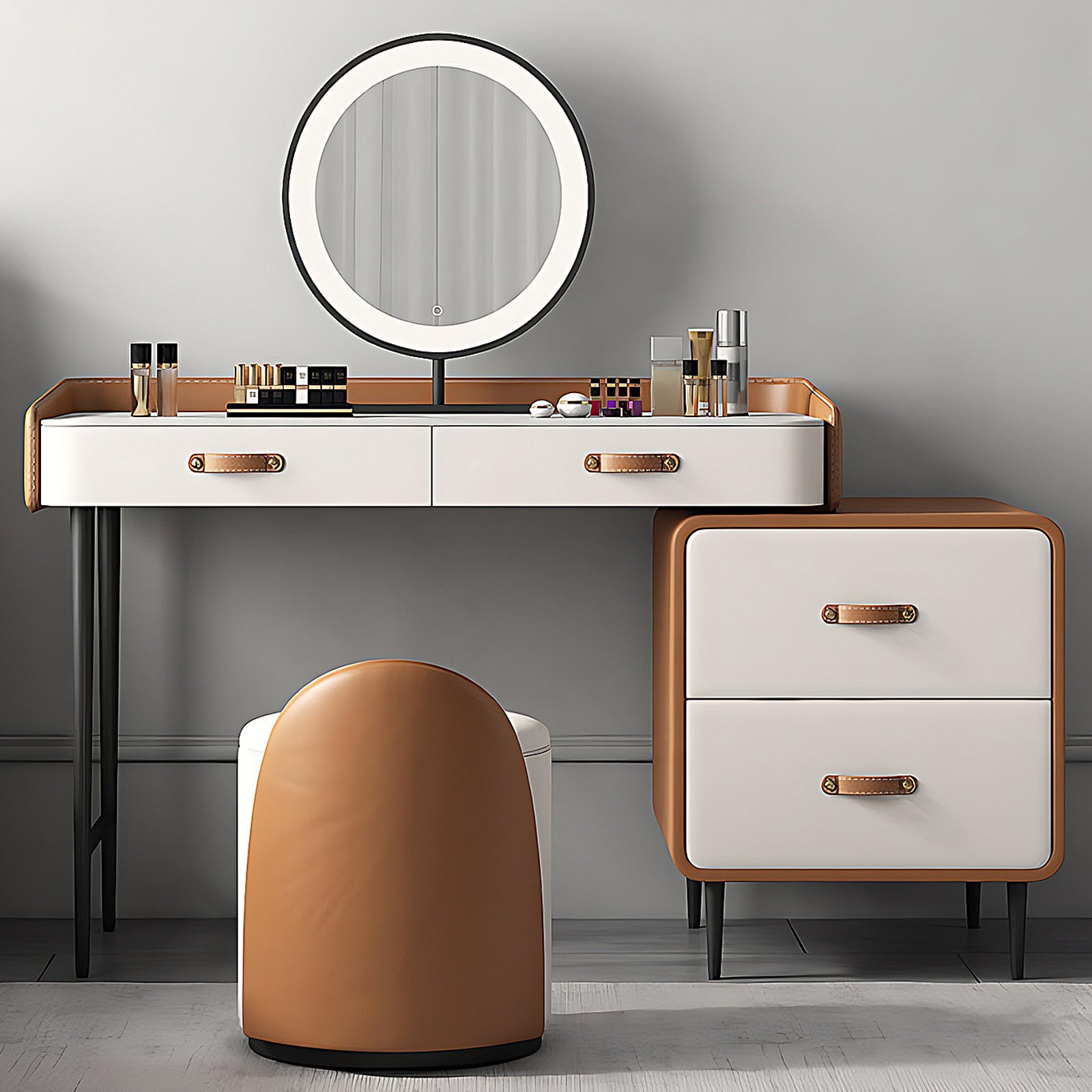 Luxury Leather & Solid Wood Makeup Vanity with LED Mirror